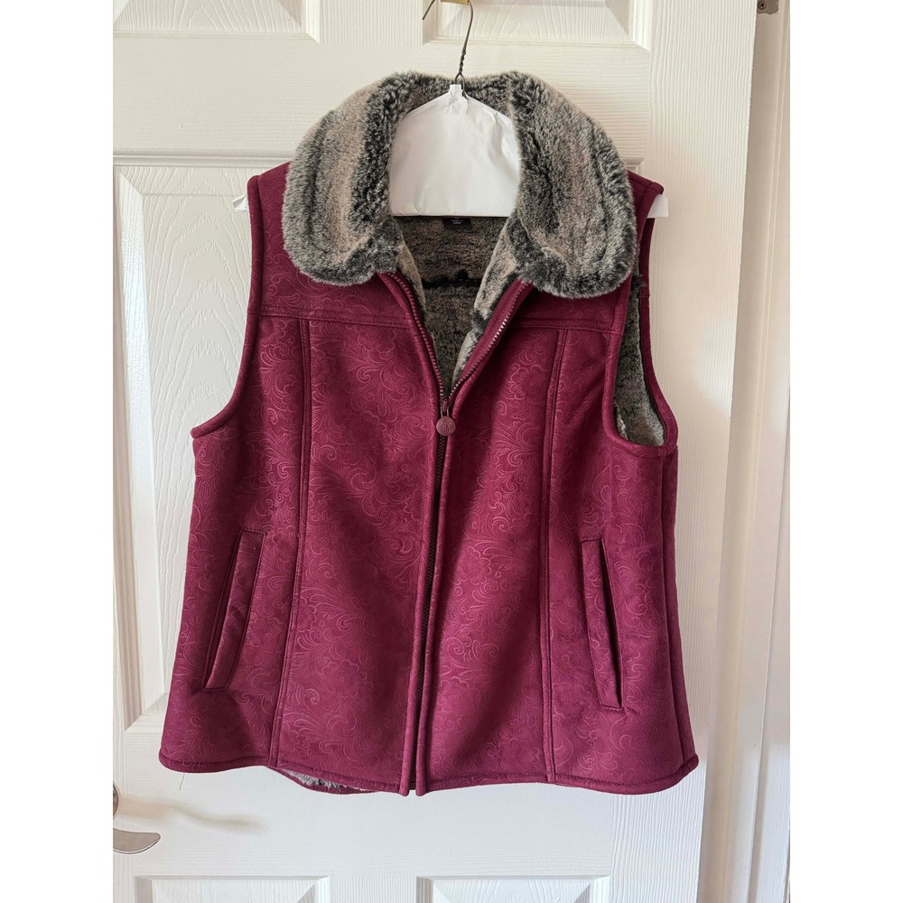 Outback Trading Co Faux Fur Lined Burgundy Brocade Vest Womens Size‎ Medium